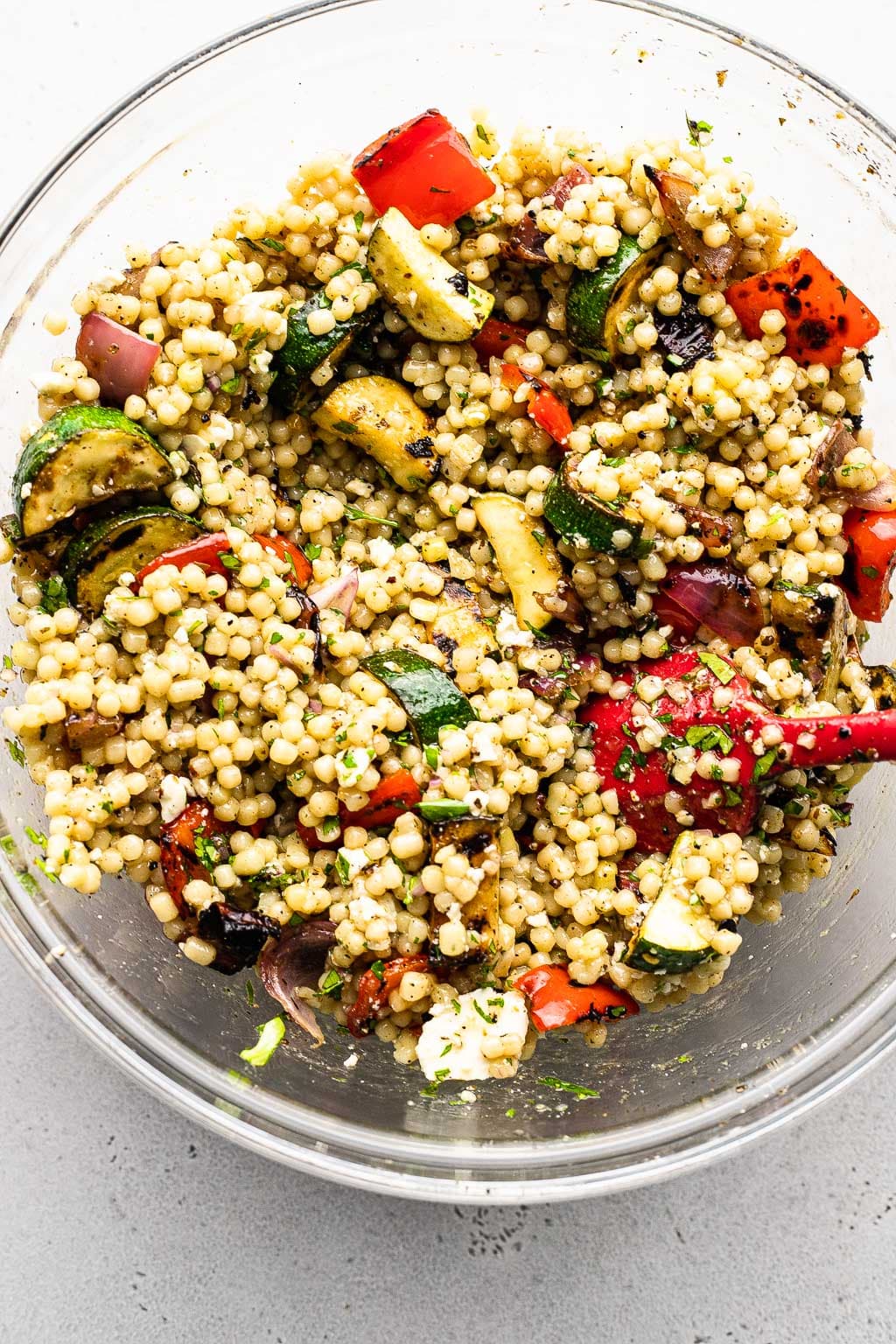 Overhead view of grilled vegetable pasta salad in a bowl 