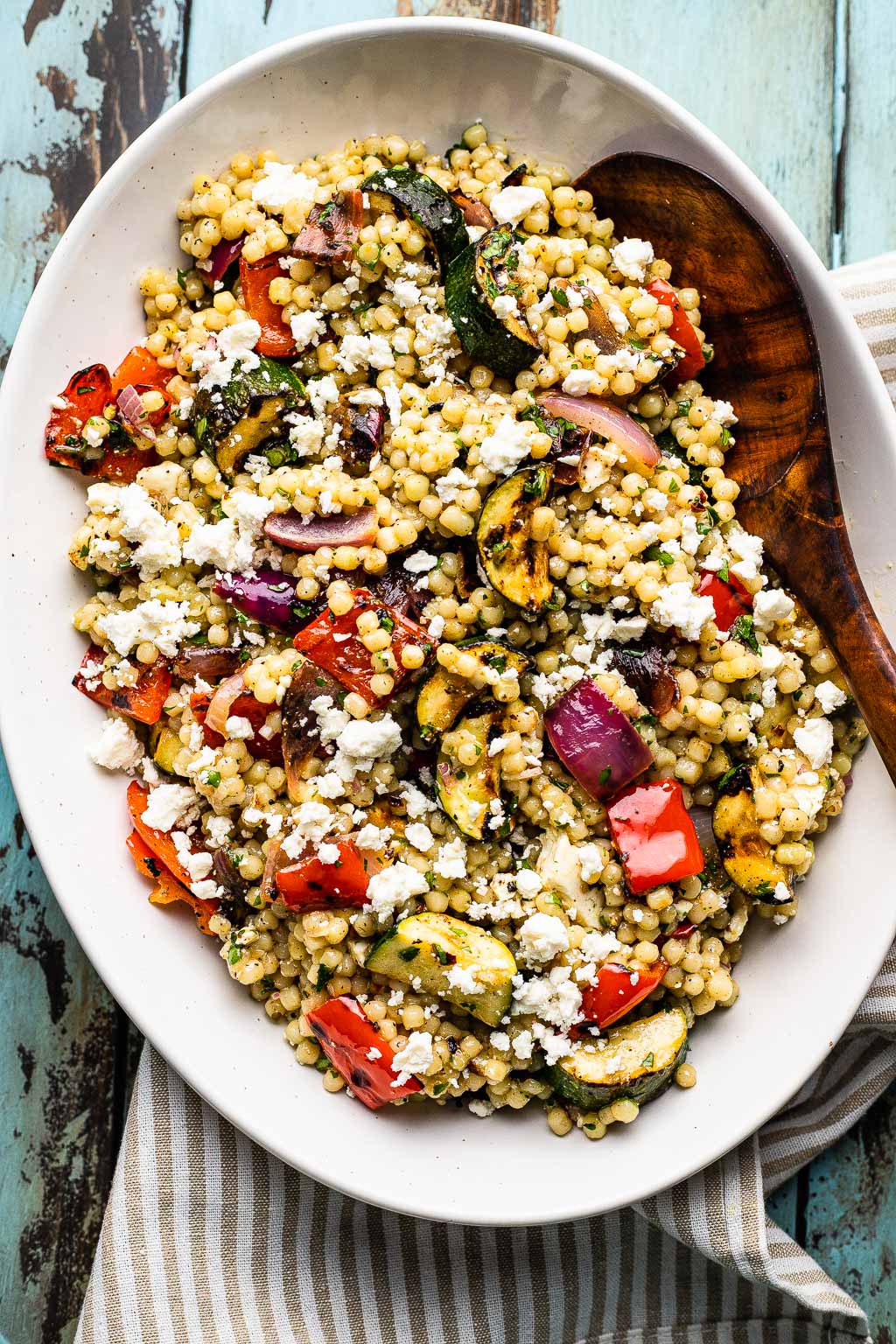 Overhead view of grilled vegetable pasta salad with feta 