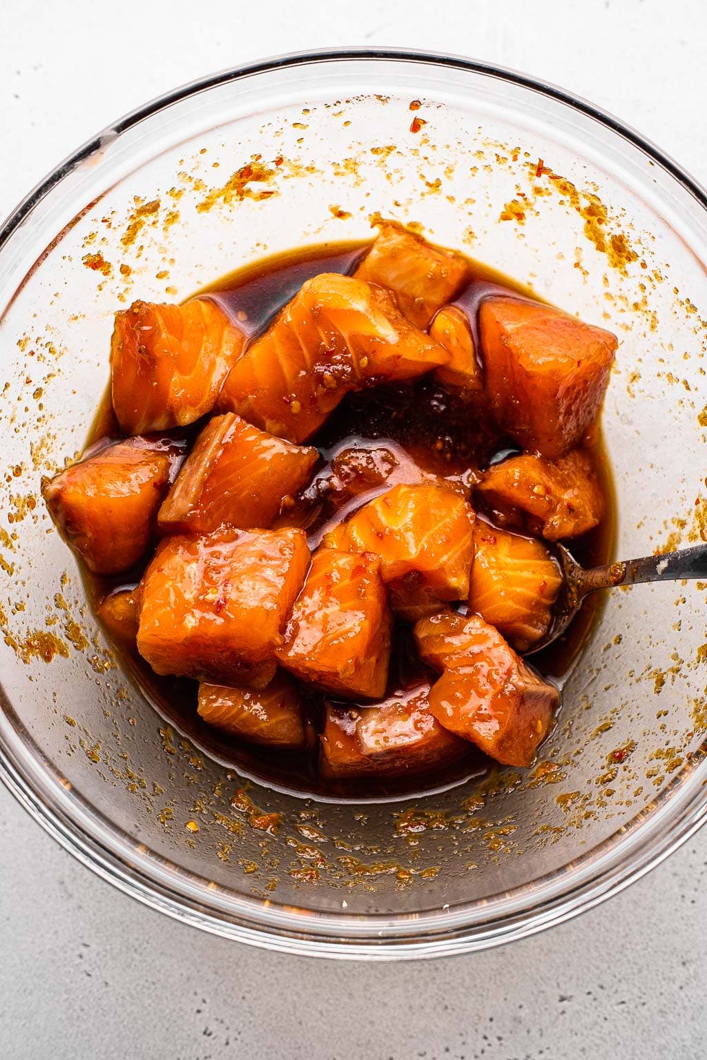 Cubed salmon in marinade 