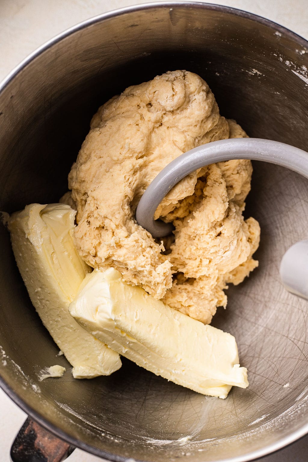 Yeast roll dough with butter in a stand mixer 