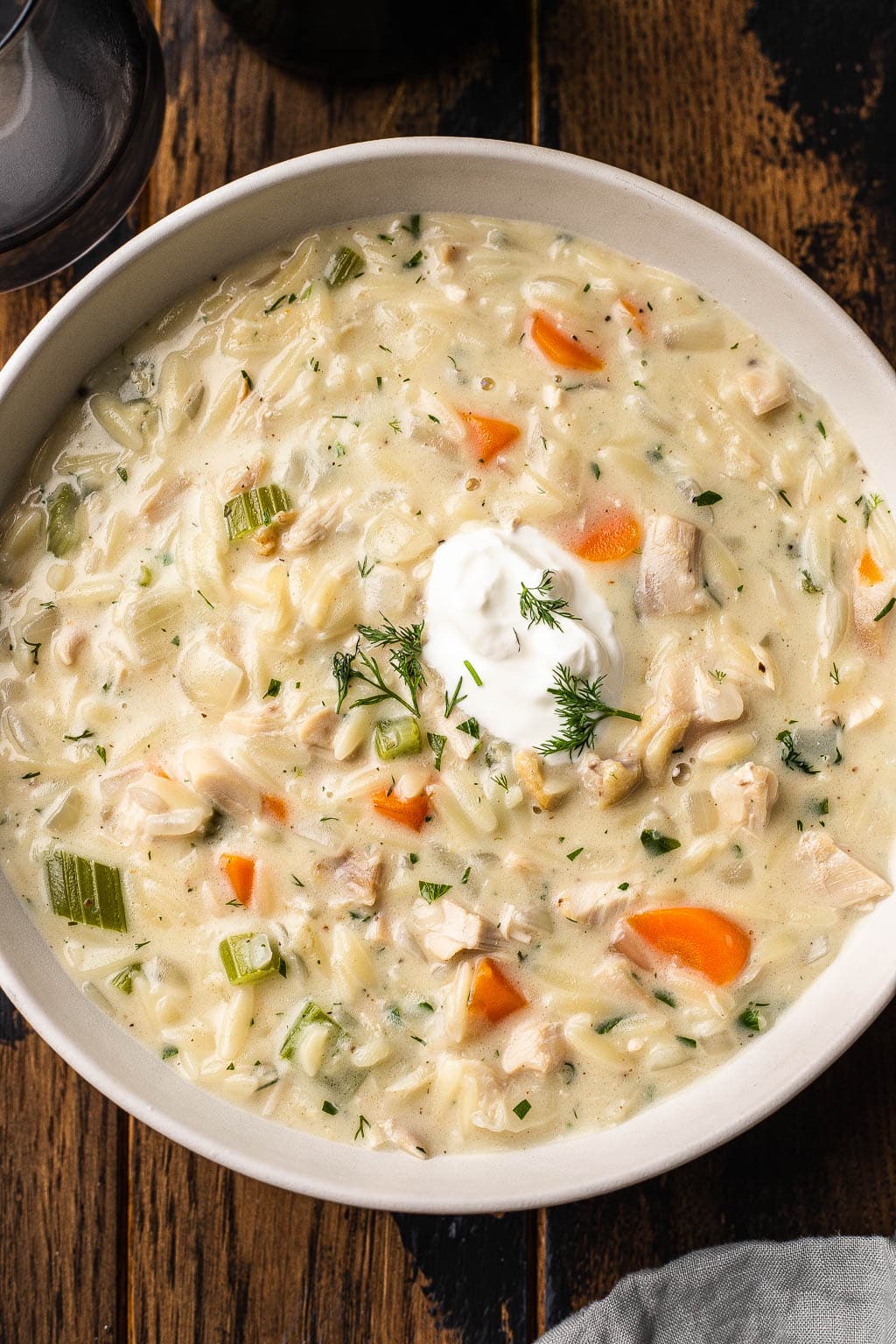 A bowl of chicken orzo soup