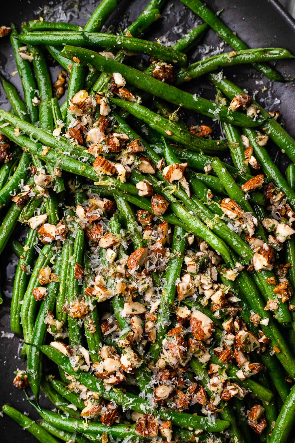 Garlic Green Beans with Almond Gremolata on a platter 