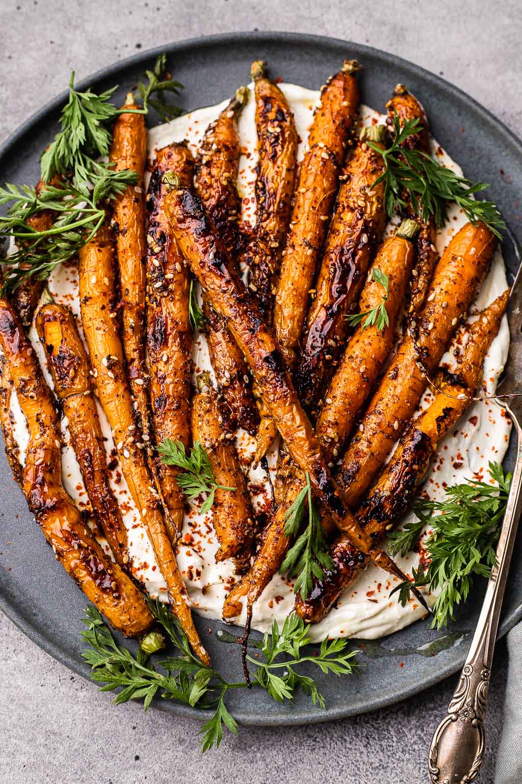 Honey roasted carrots served over a bed of whipped feta