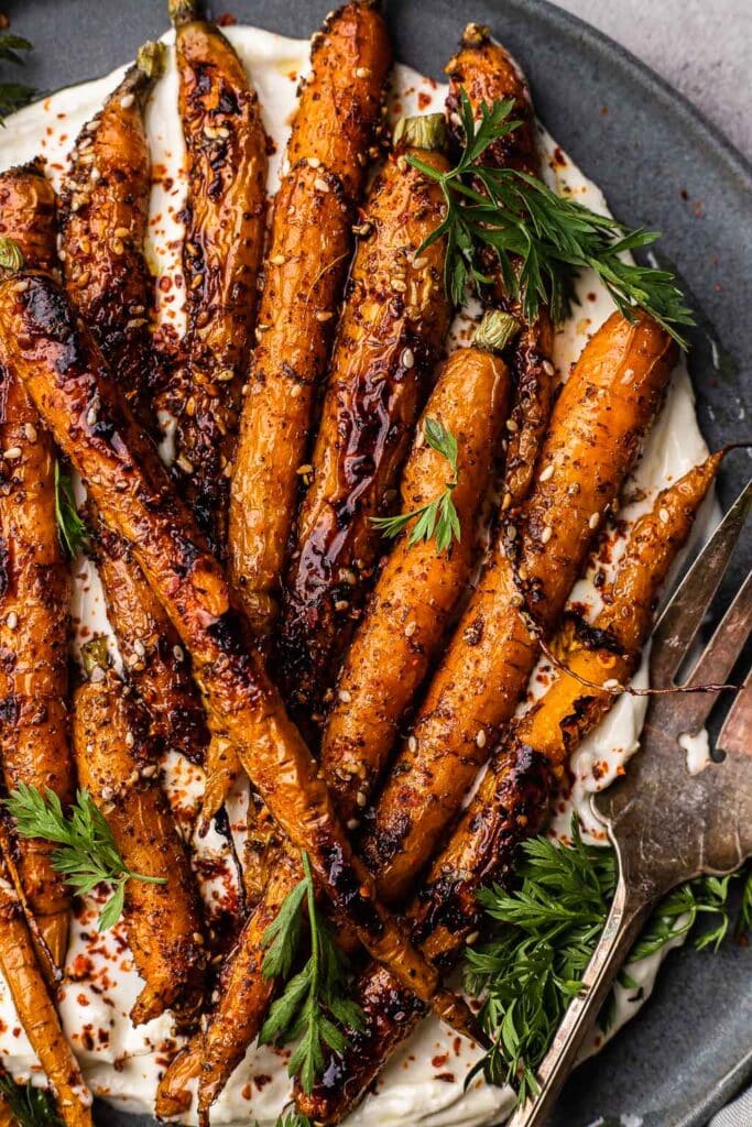 Honey roasted carrots served over a bed of whipped feta