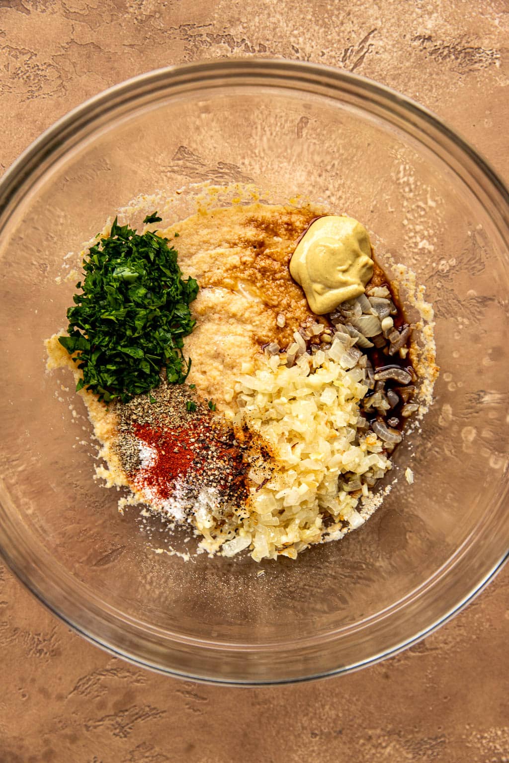 Spices and aromatics for turkey meatloaf in a bowl 