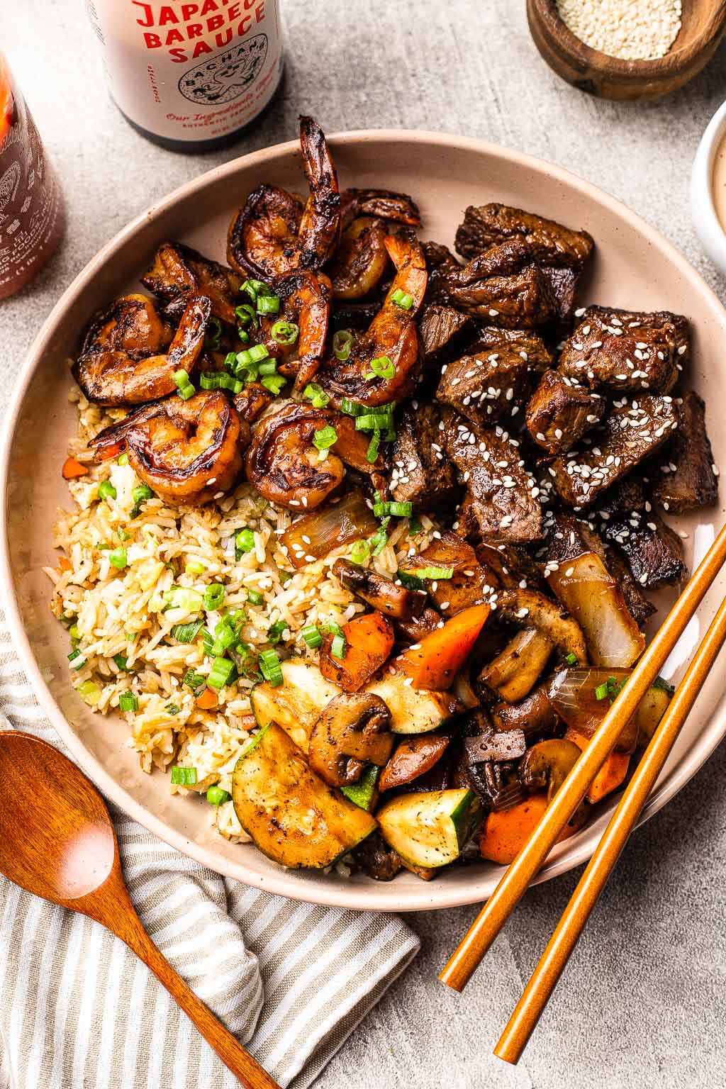 a homemade hibachi bowl made with steak and shrimp 