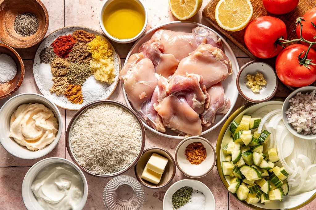 chicken shawarma bowls ingredients laid out