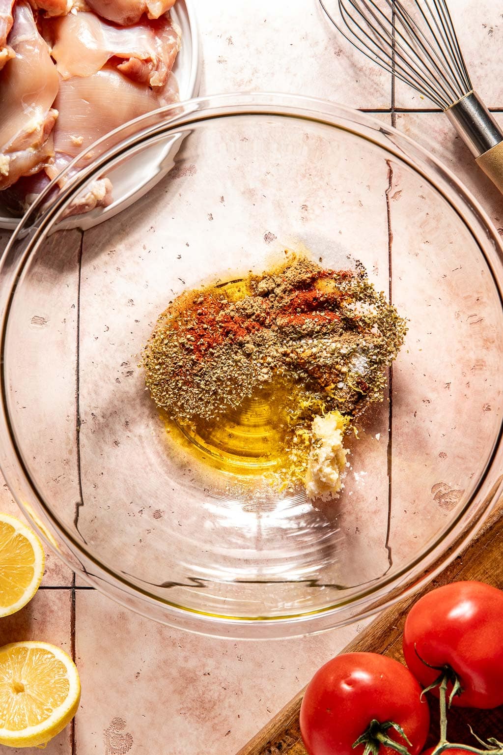 shawarma marinade in a mixing bowl before whisking