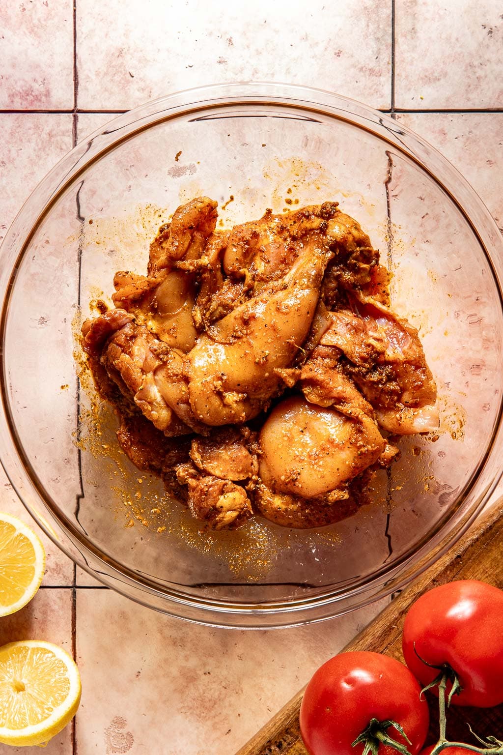 chicken shawarma in the shawarma marinade in a bowl