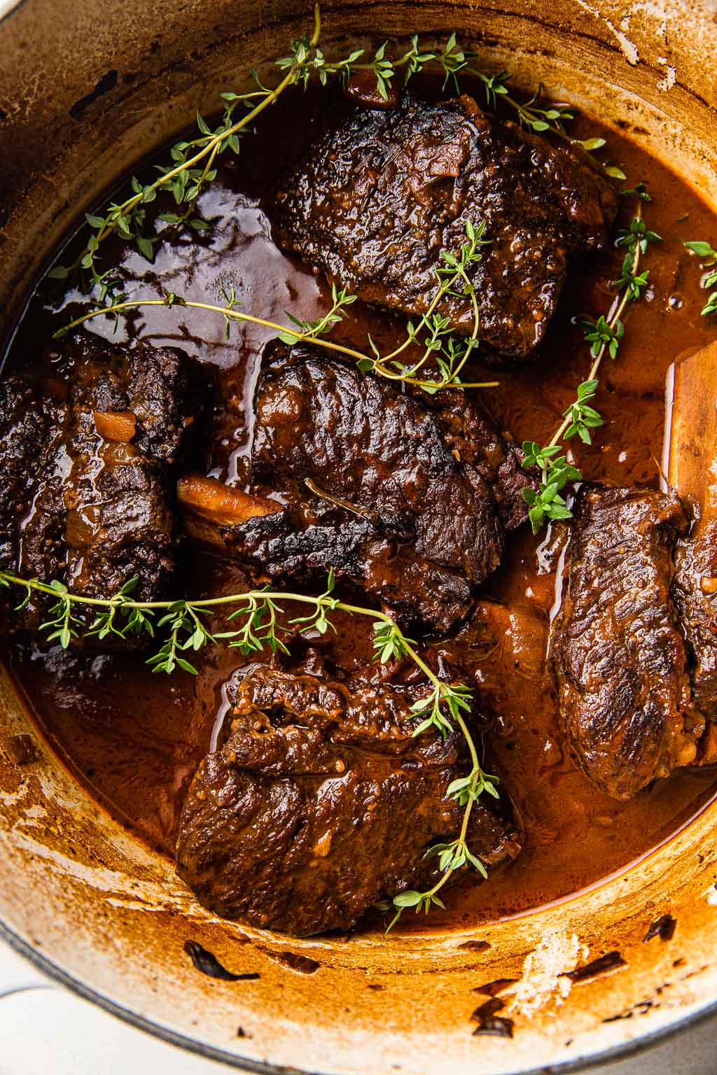 Red wine braised short ribs in a Dutch oven with fresh thyme. 