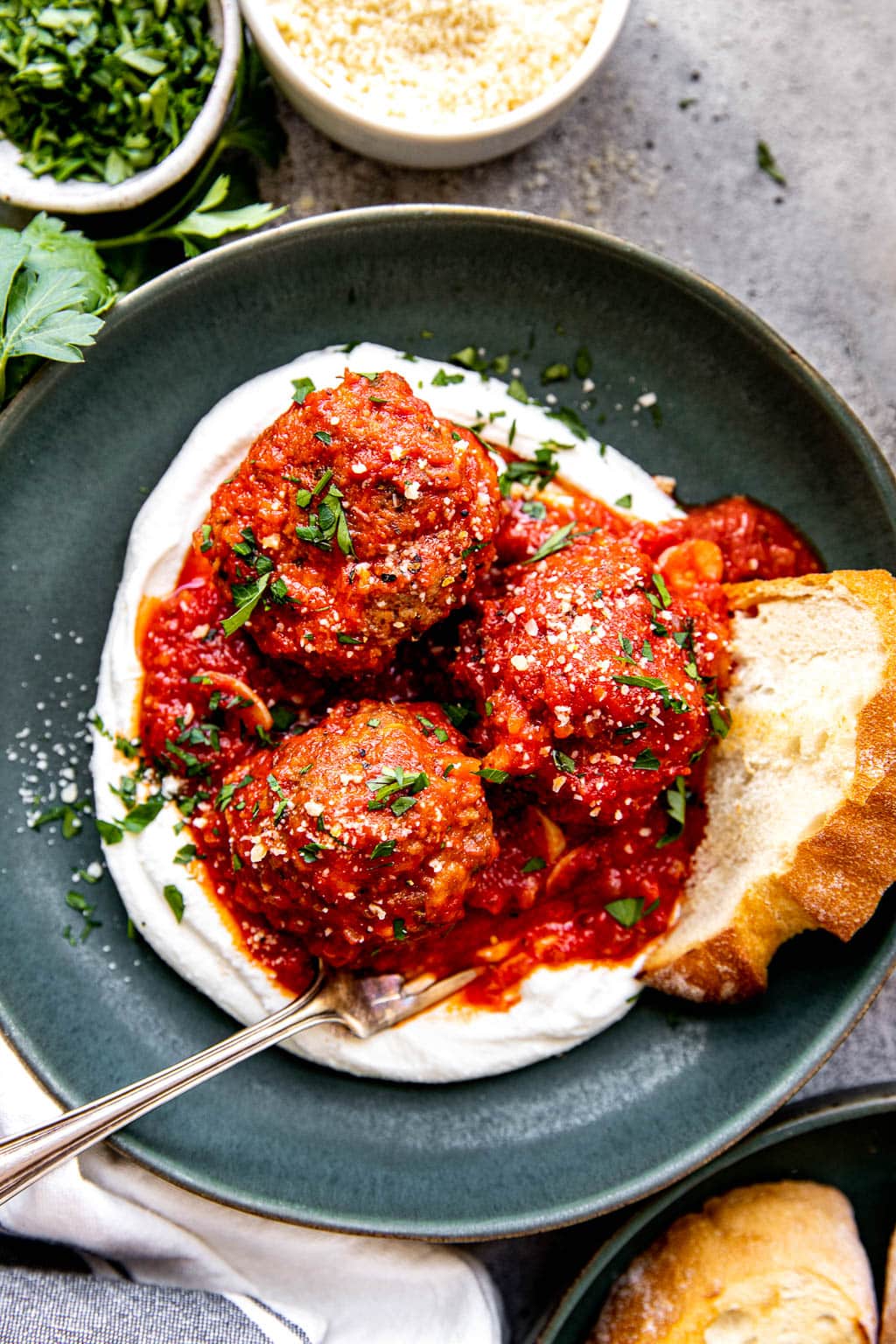 Ricotta Meatballs on a bed of whipped ricotta 