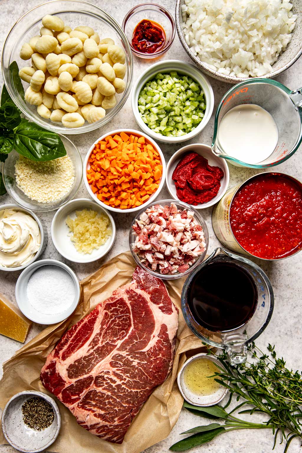 Braised beef ragu ingredients on countertop 