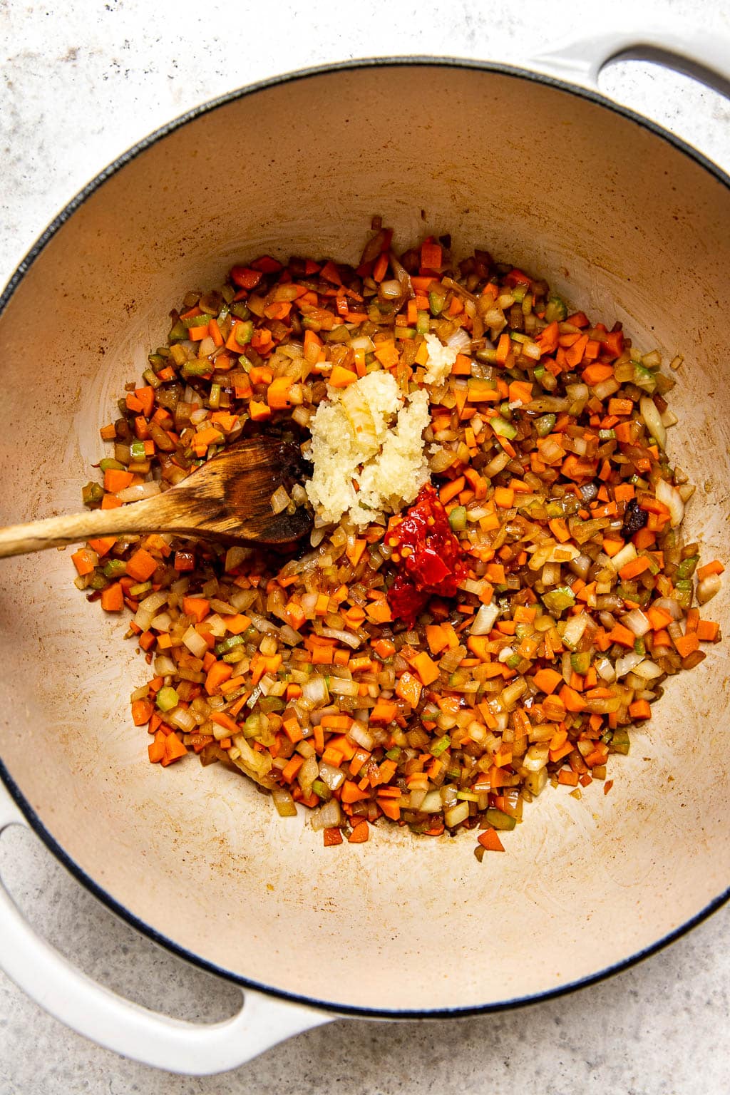 Sofrito booking in a Dutch oven 