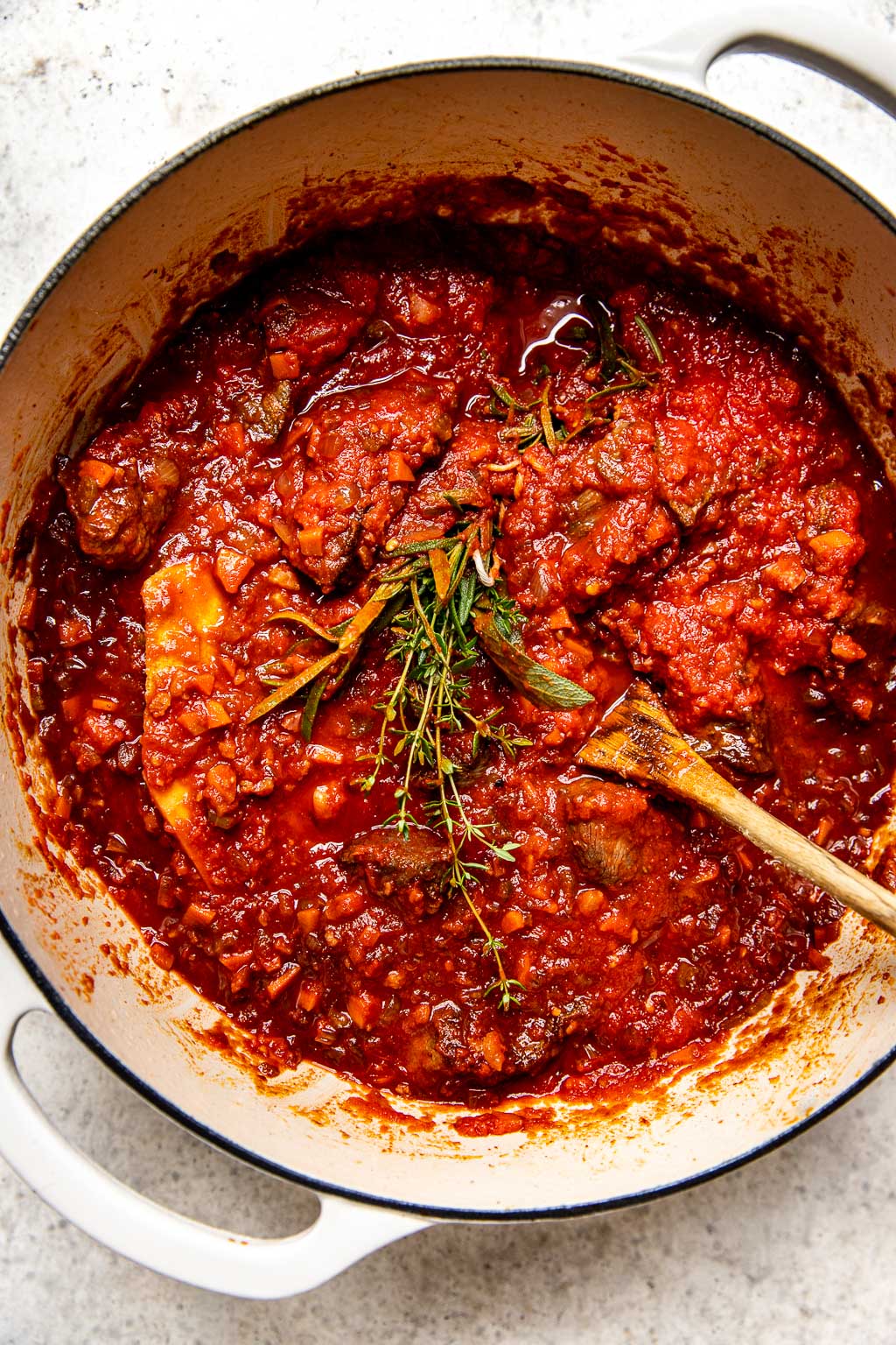 Beef ragu after braising in the oven 