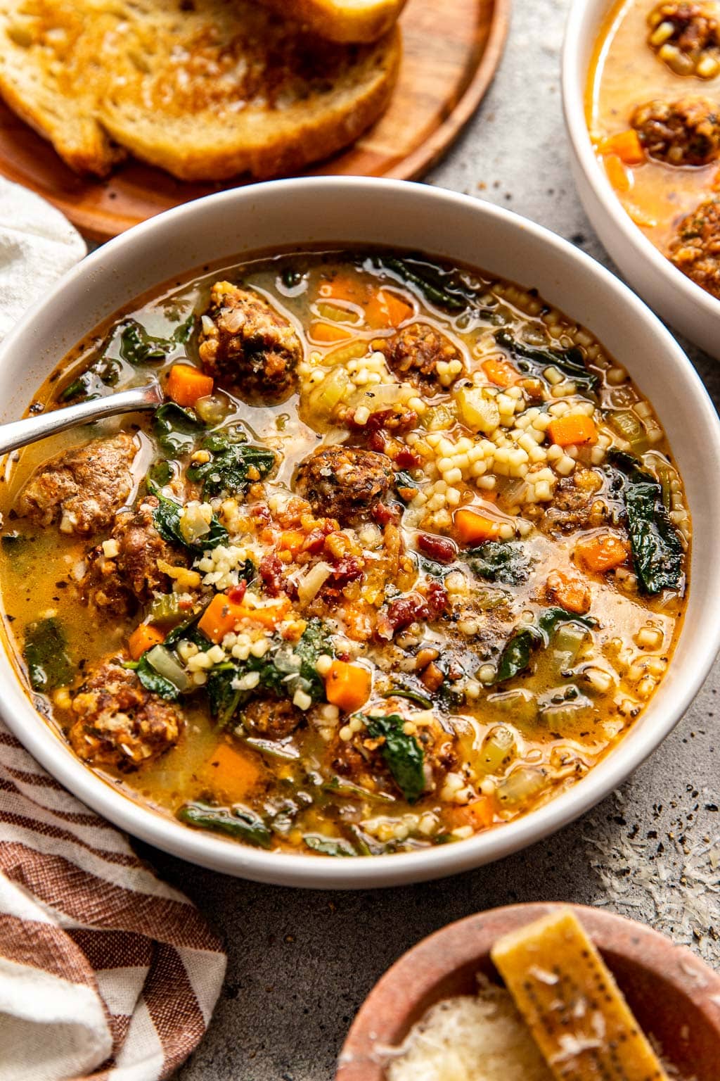 A bowl of Italian wedding soup 