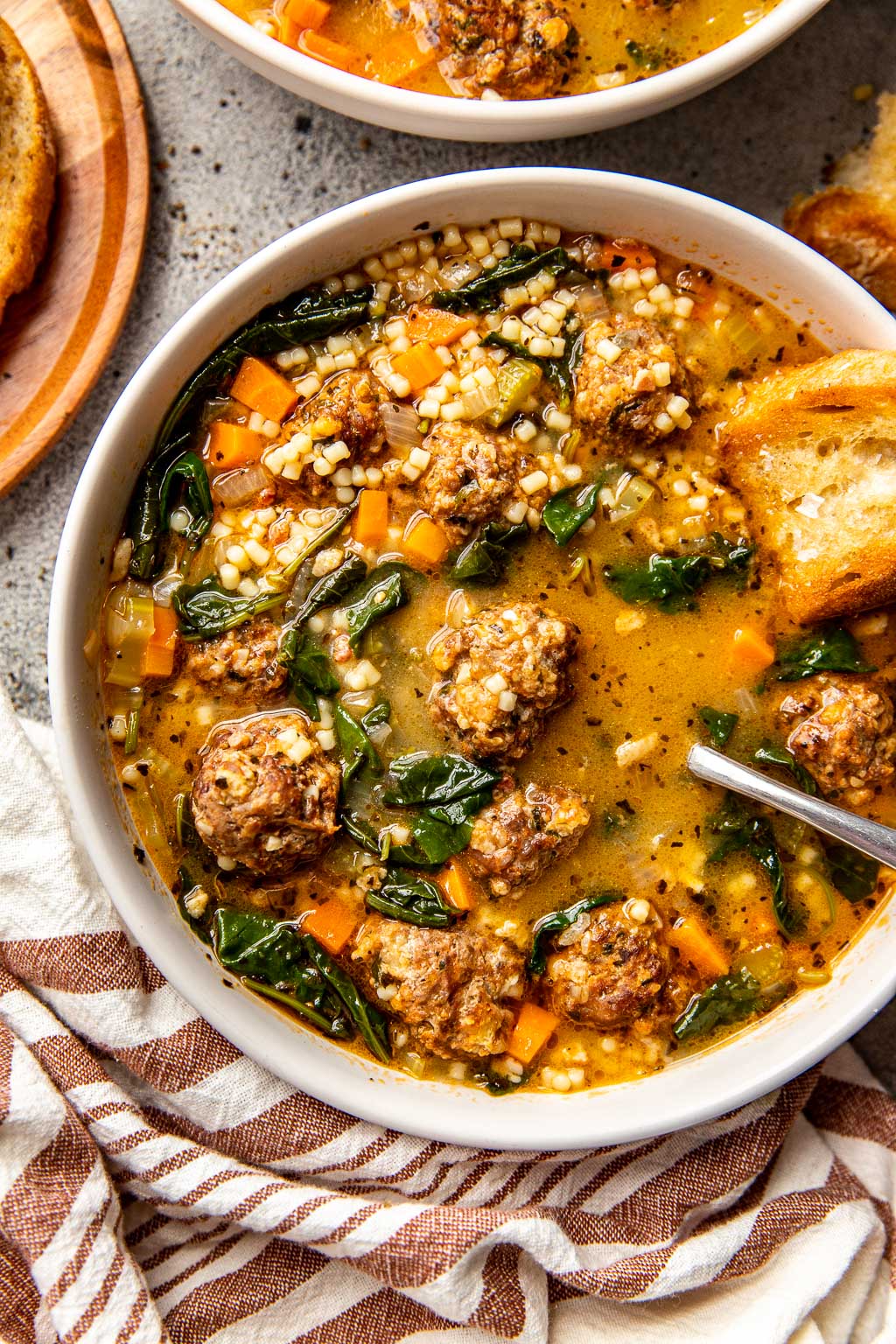 A bowl of Italian wedding soup