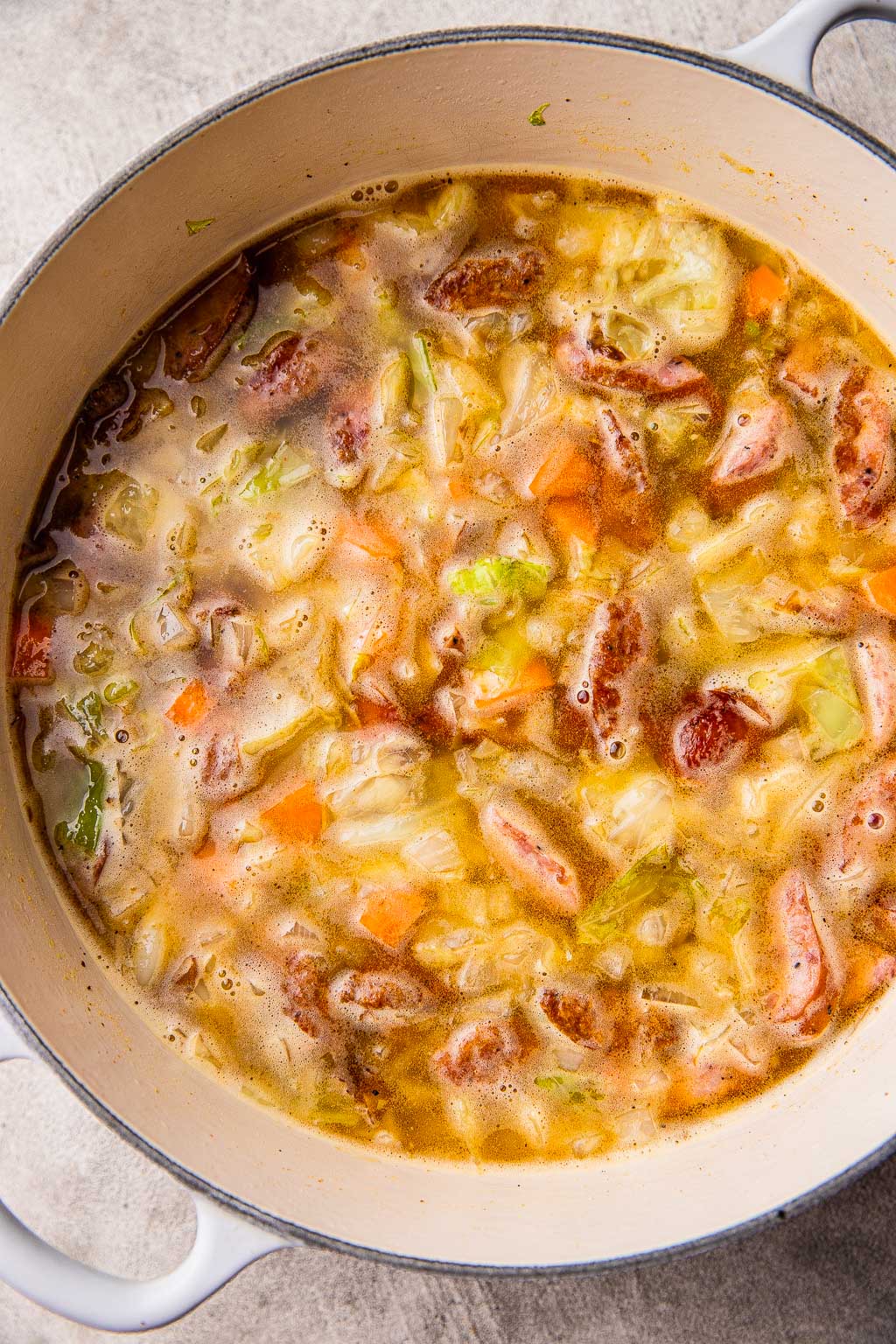 Pierogi soup base in Dutch oven