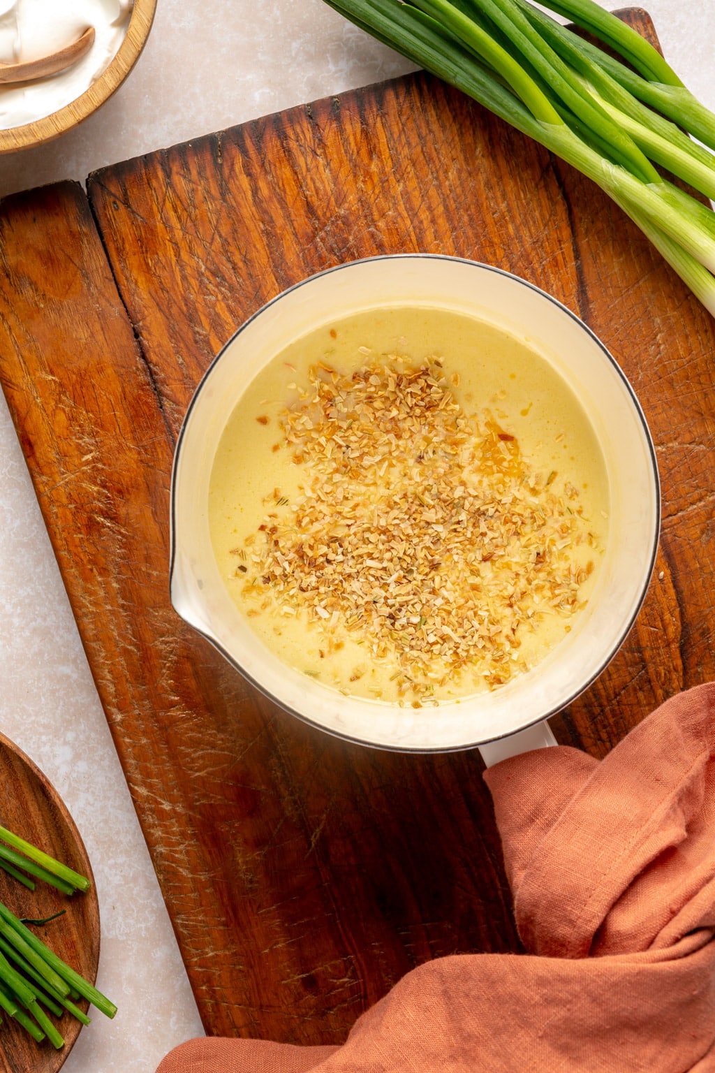 A warm cream mixture infused with dried onion 