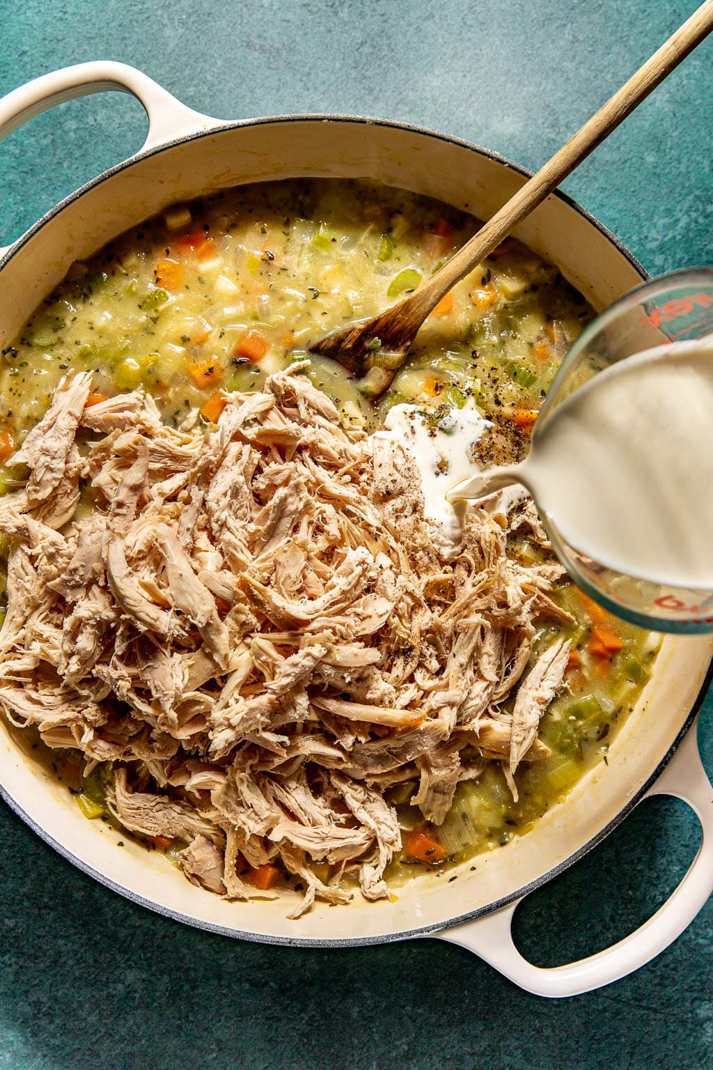 Shredded chicken and heavy cream added to pot pie filling 