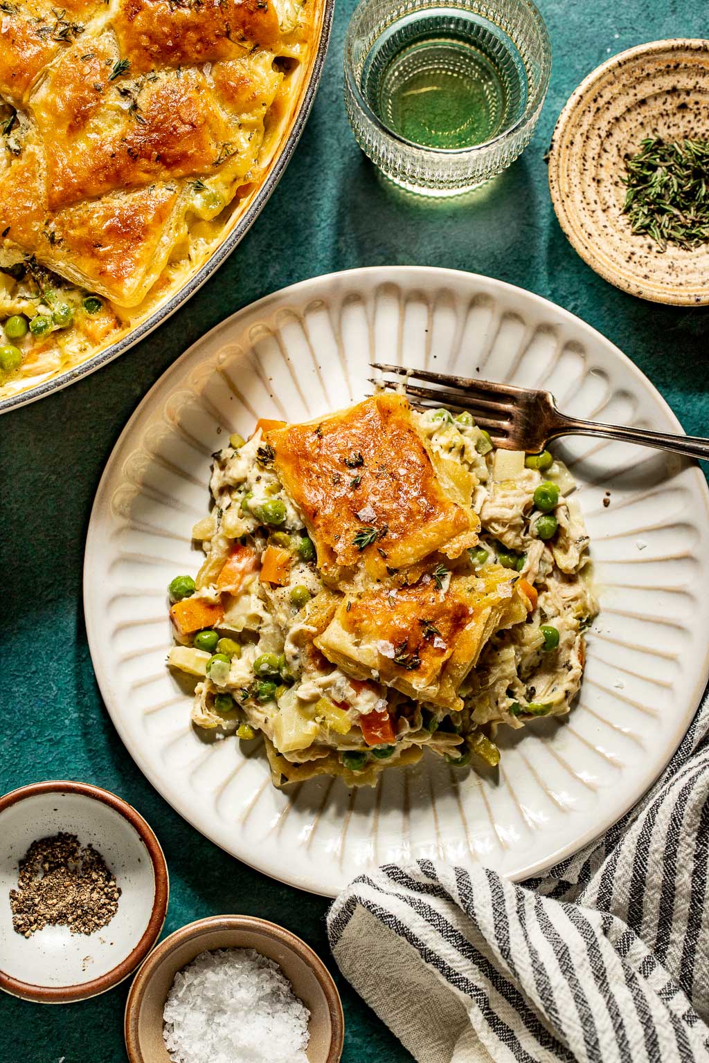 a serving of skillet chicken pot pie on a plate 