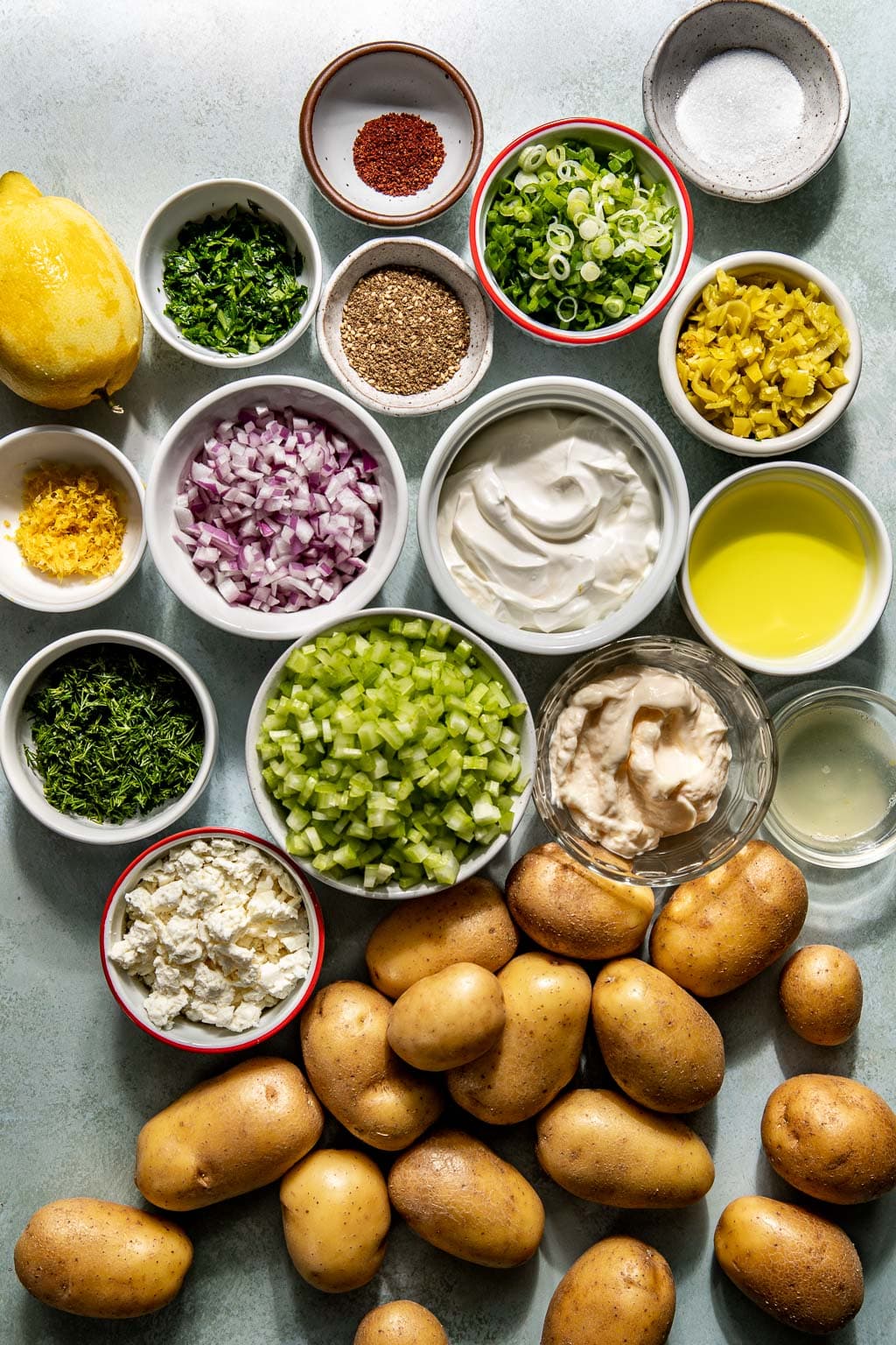 Lemon dill potato salad ingredients laid out