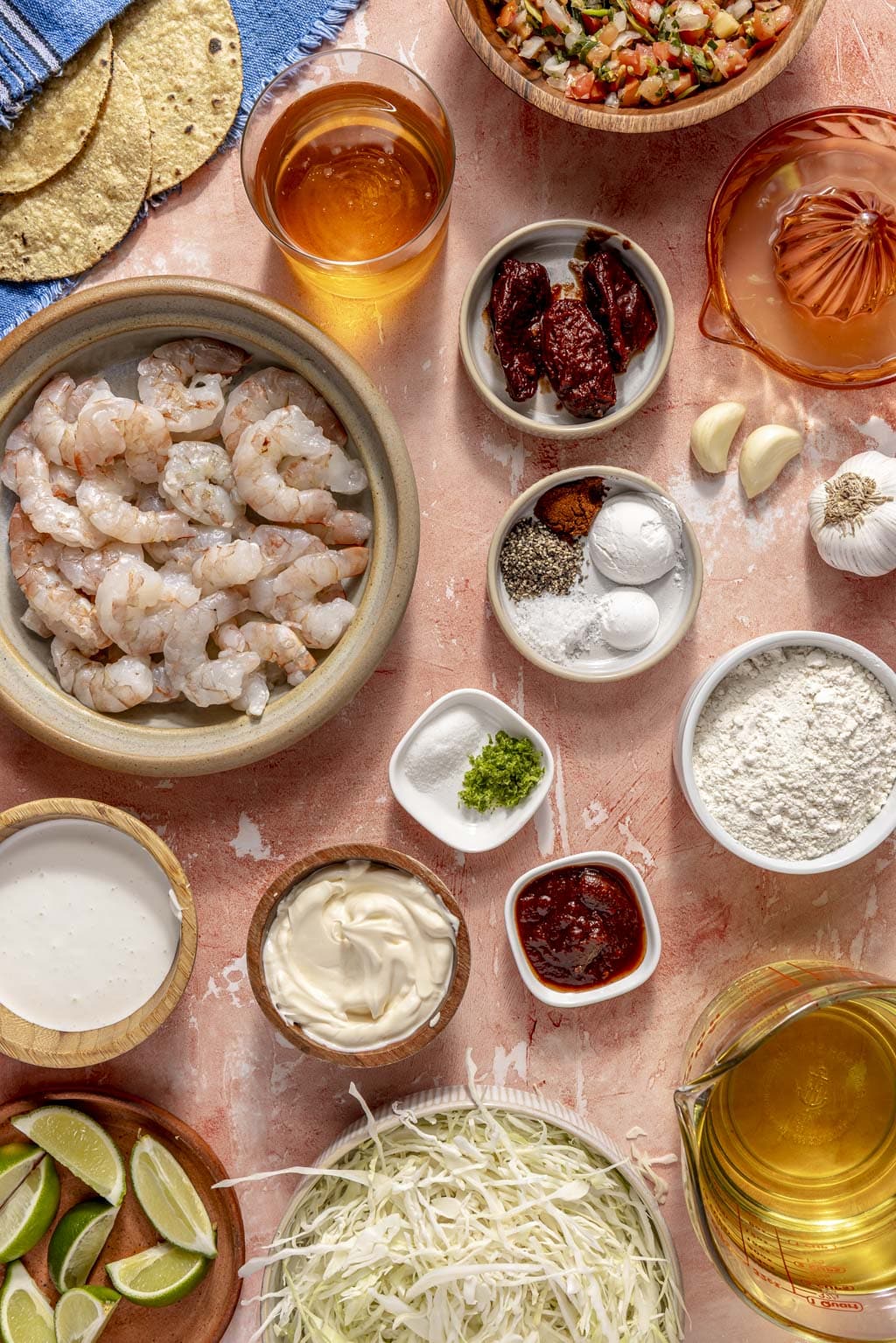 beer battered shrimp tacos ingredients laid out