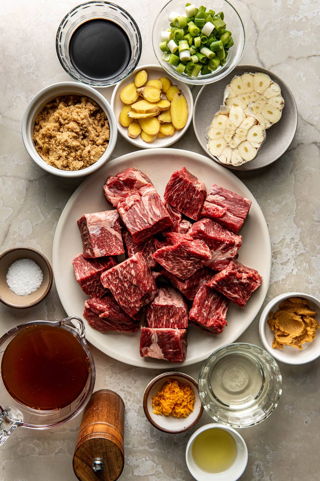ginger soy braised beef ingredients laid out