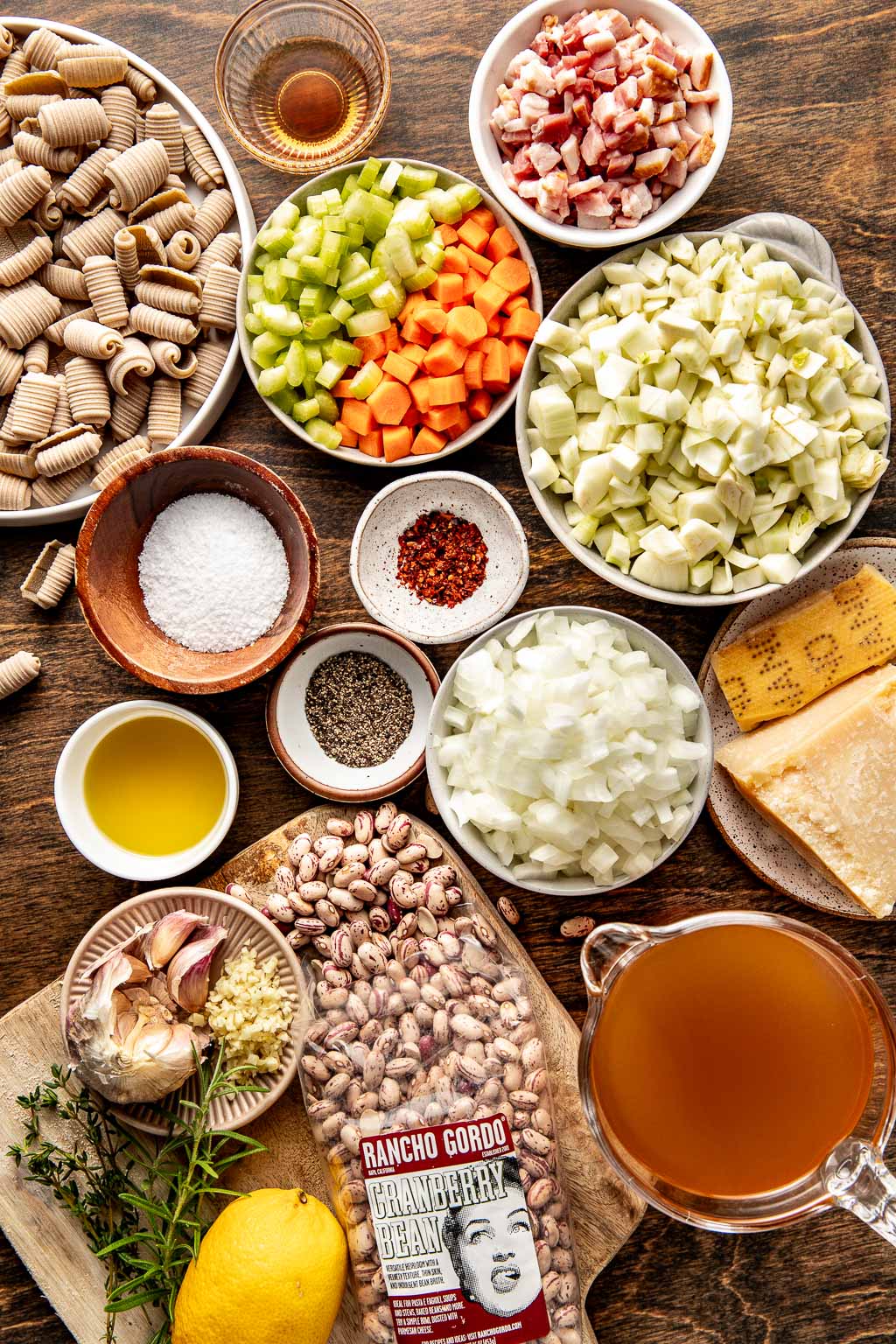 brothy bean & pasta soup ingredients laid out
