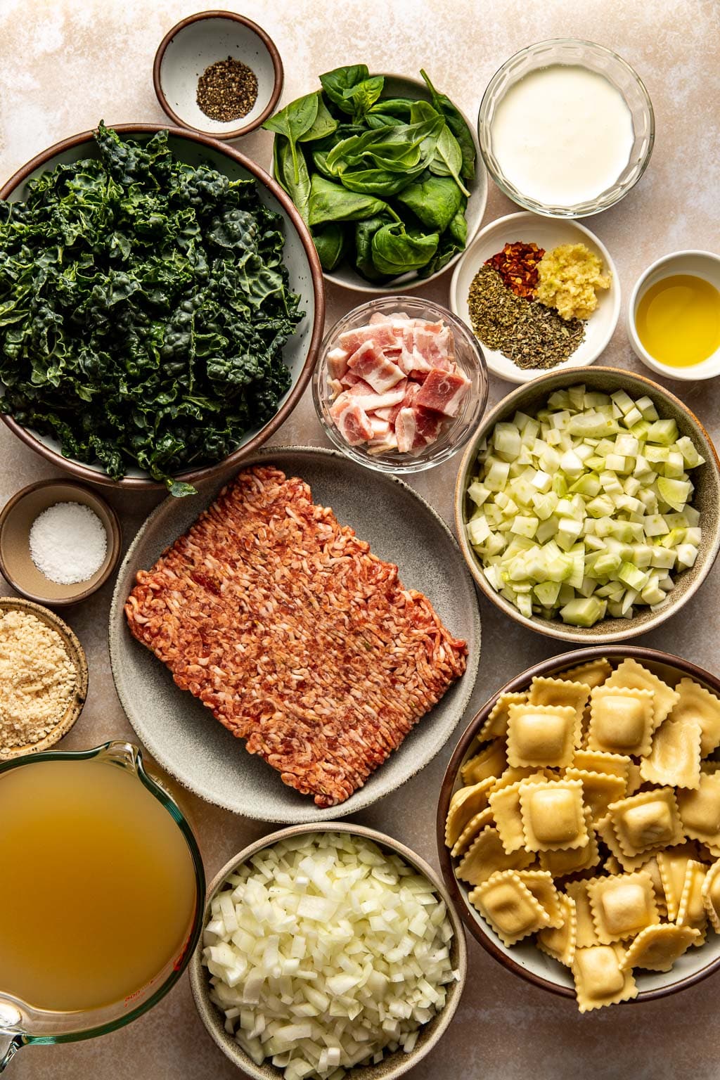 sausage ravioli soup ingredients laid out