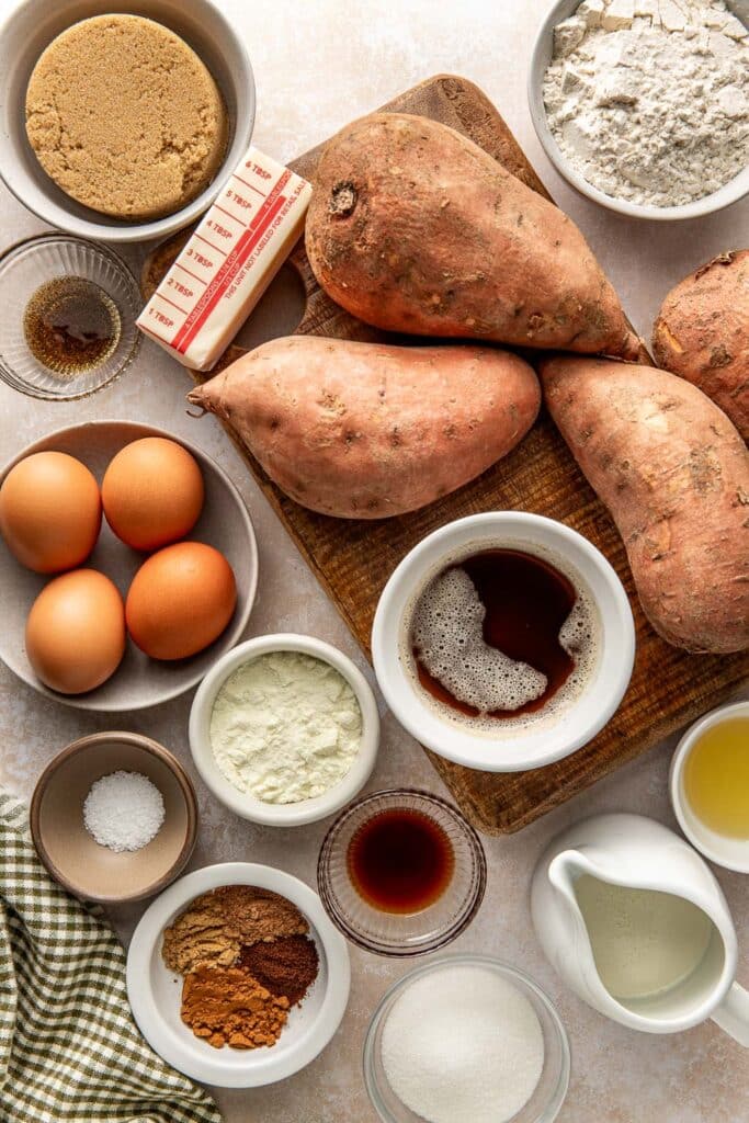 Ingredients for sweet potato pie filling and shortbread crust. 