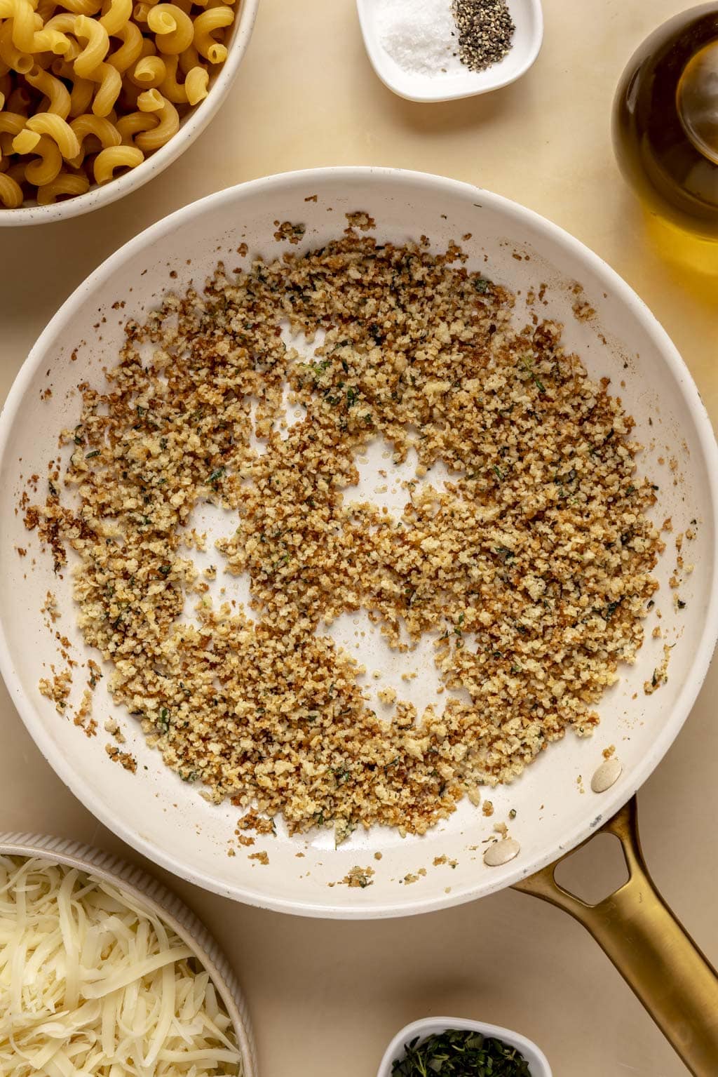 Crispy breadcrumbs in a skillet. 
