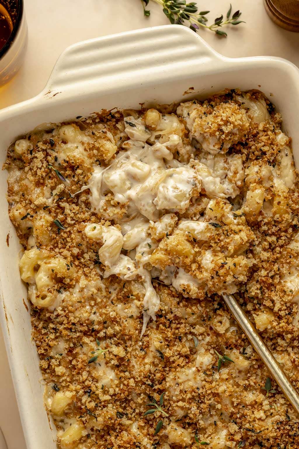 French onion mac and cheese in a casserole dish. 