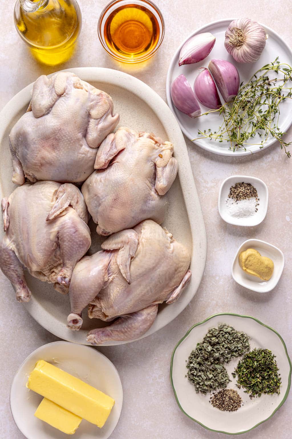 ingredients for cornish game hens laid out