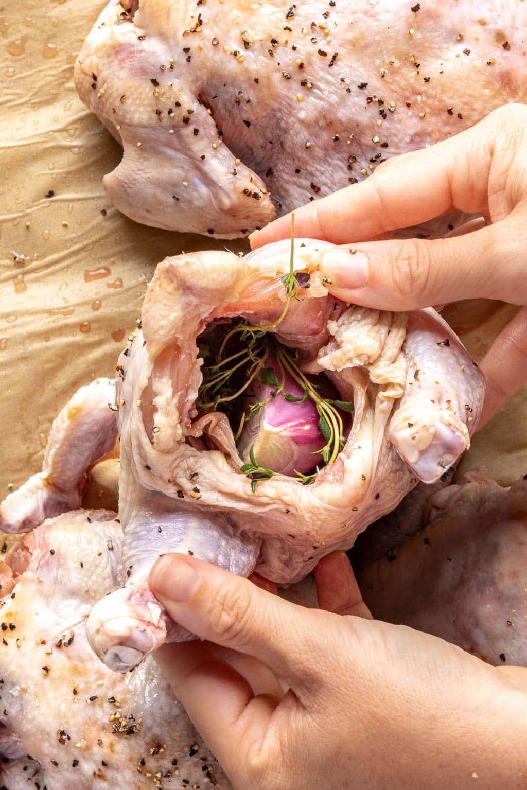 A Cornish hen tipped to show the aromatics stuffed inside the cavity. 