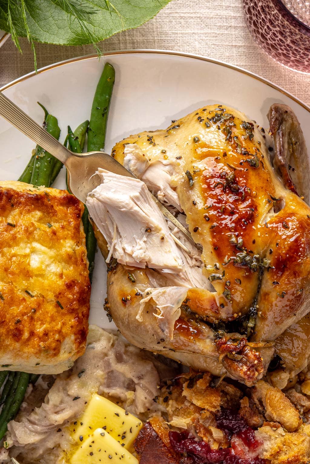 A Cornish game hen cut to show how moist and juicy it is. 