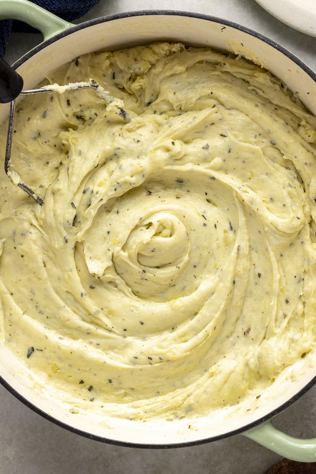 Ultra creamy mashed potatoes with mascarpone in a Dutch oven. 