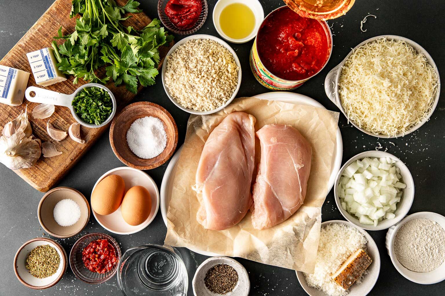 chicken parmesan ingredients laid out