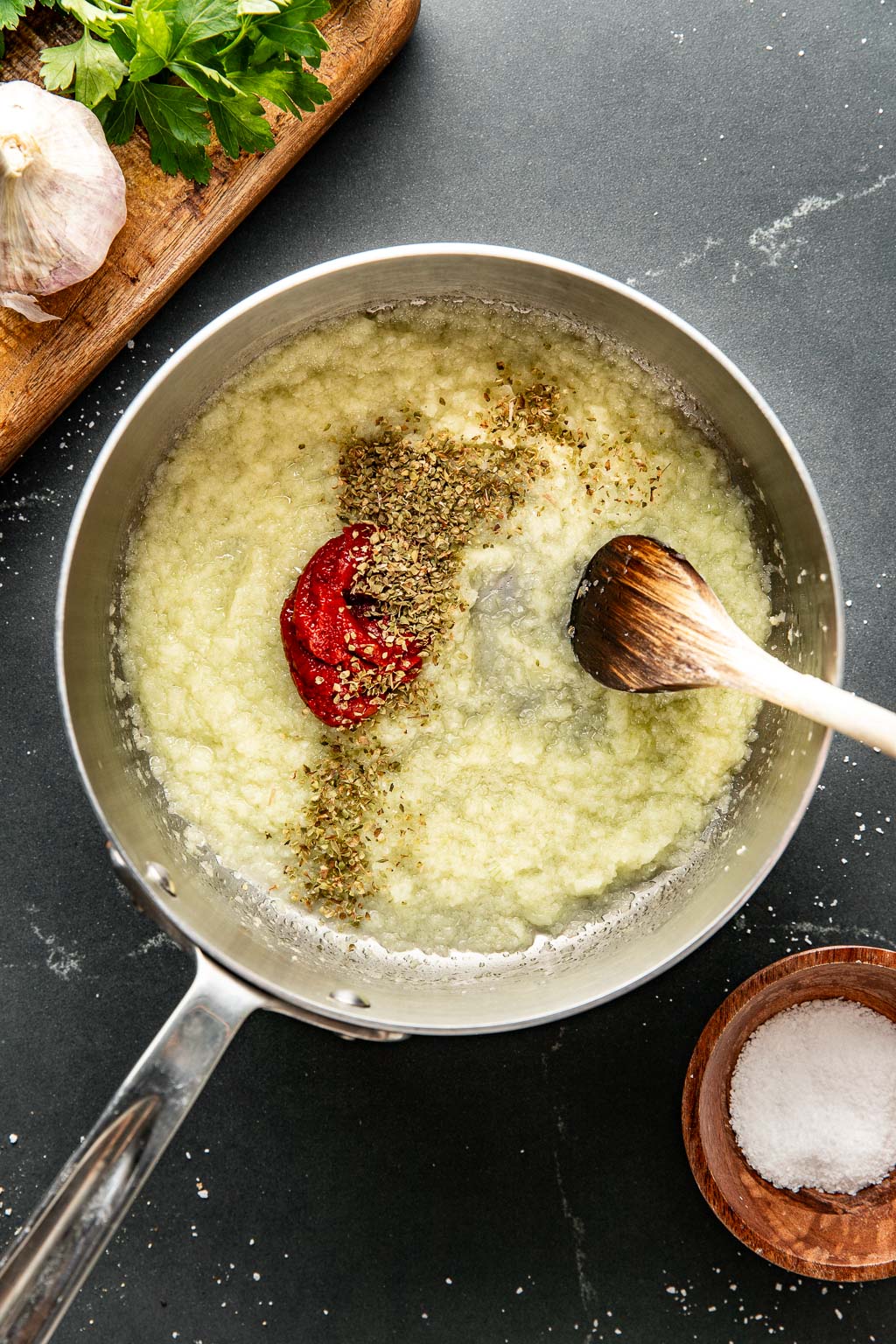 onion and garlic in a saucepan 