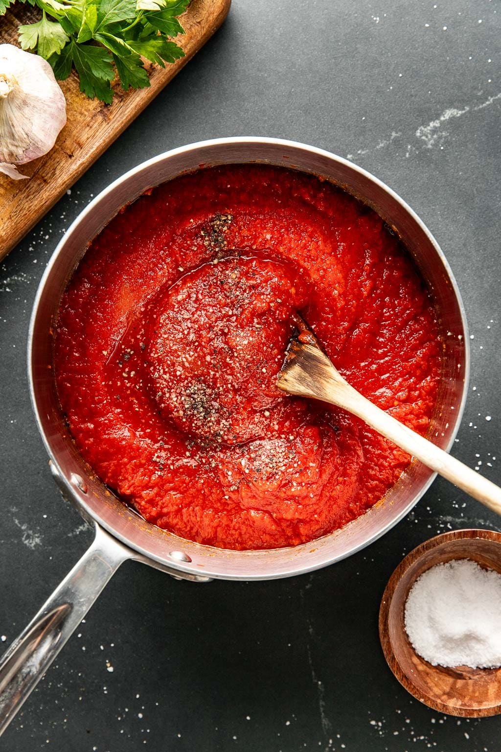 tomato sauce for chicken parmesan in a saucepan