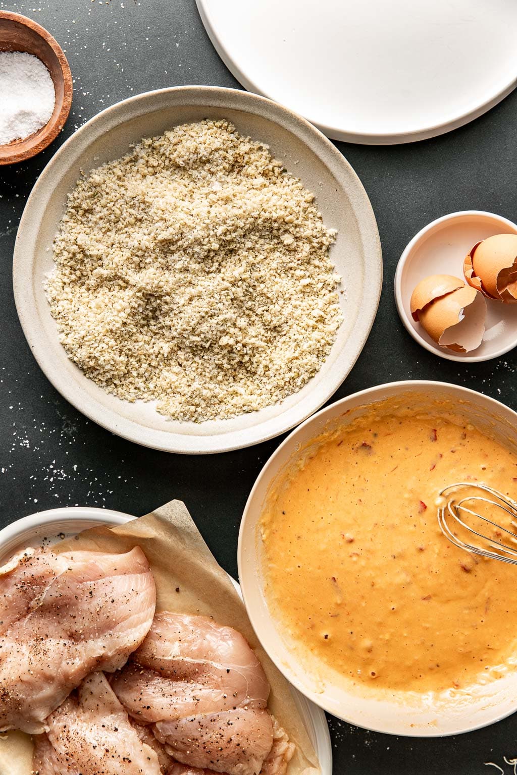 egg batter and panko station laid out