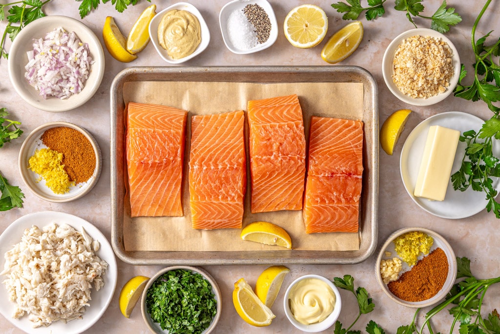 crab-stuffed salmon ingredients laid out