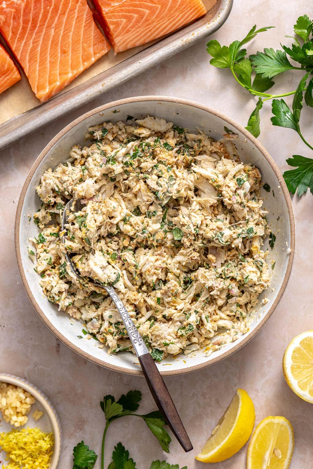 crab cake stuffing for salmon after mixing