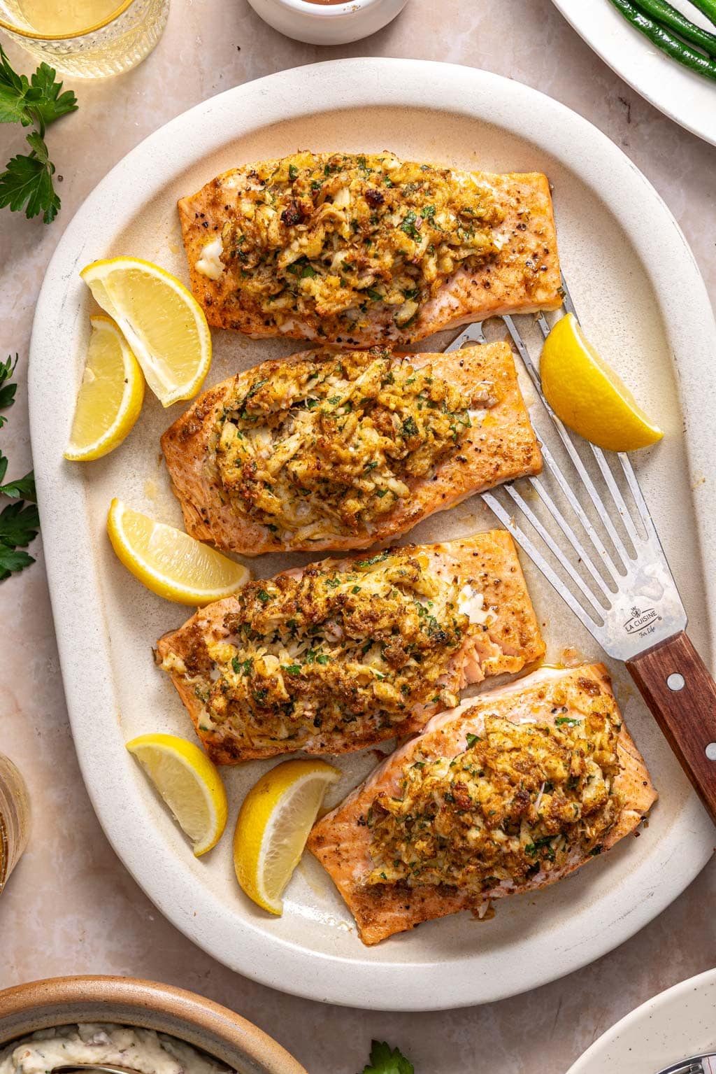 crab stuffed salmon on a serving plate