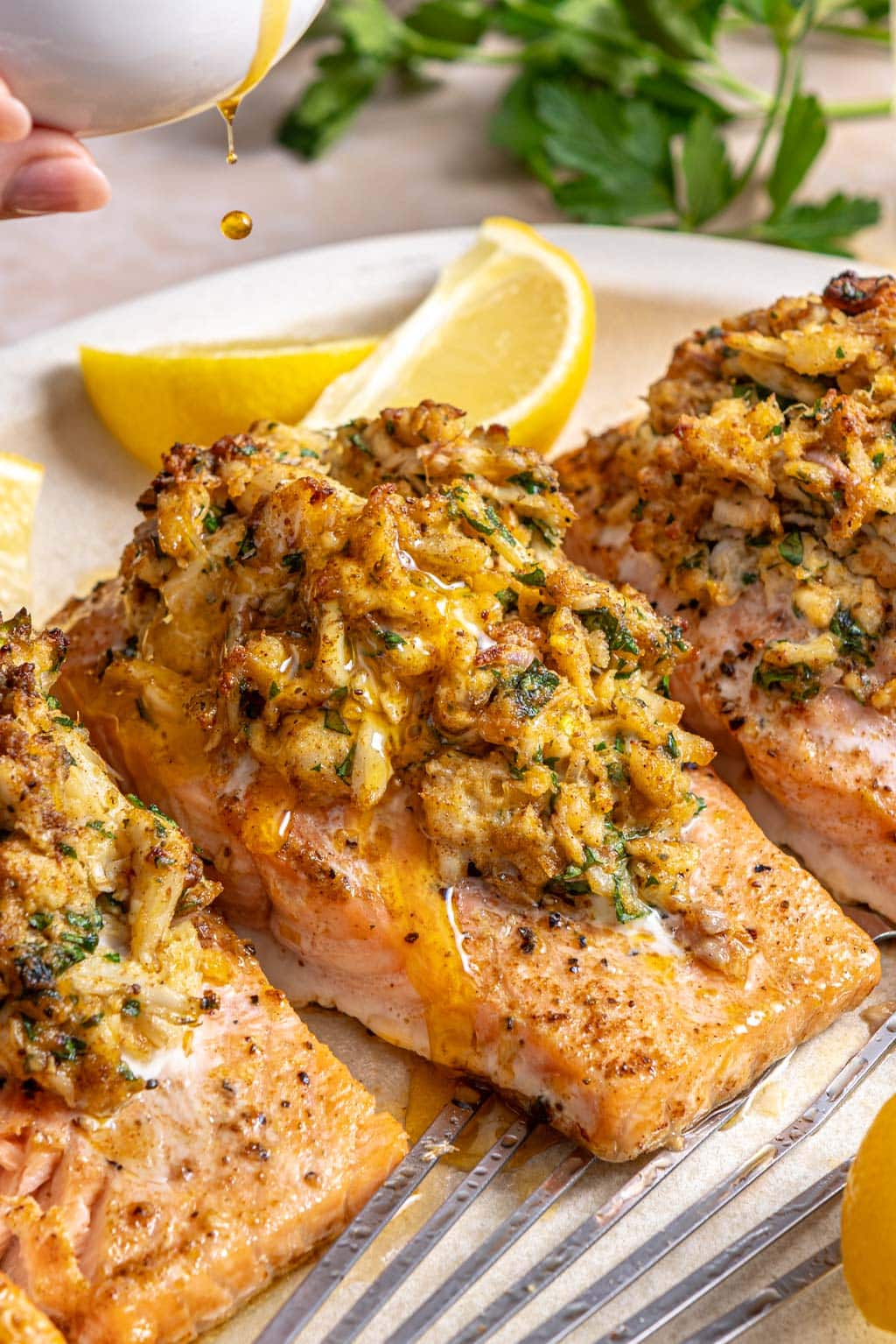 crab stuffed salmon on a serving plate