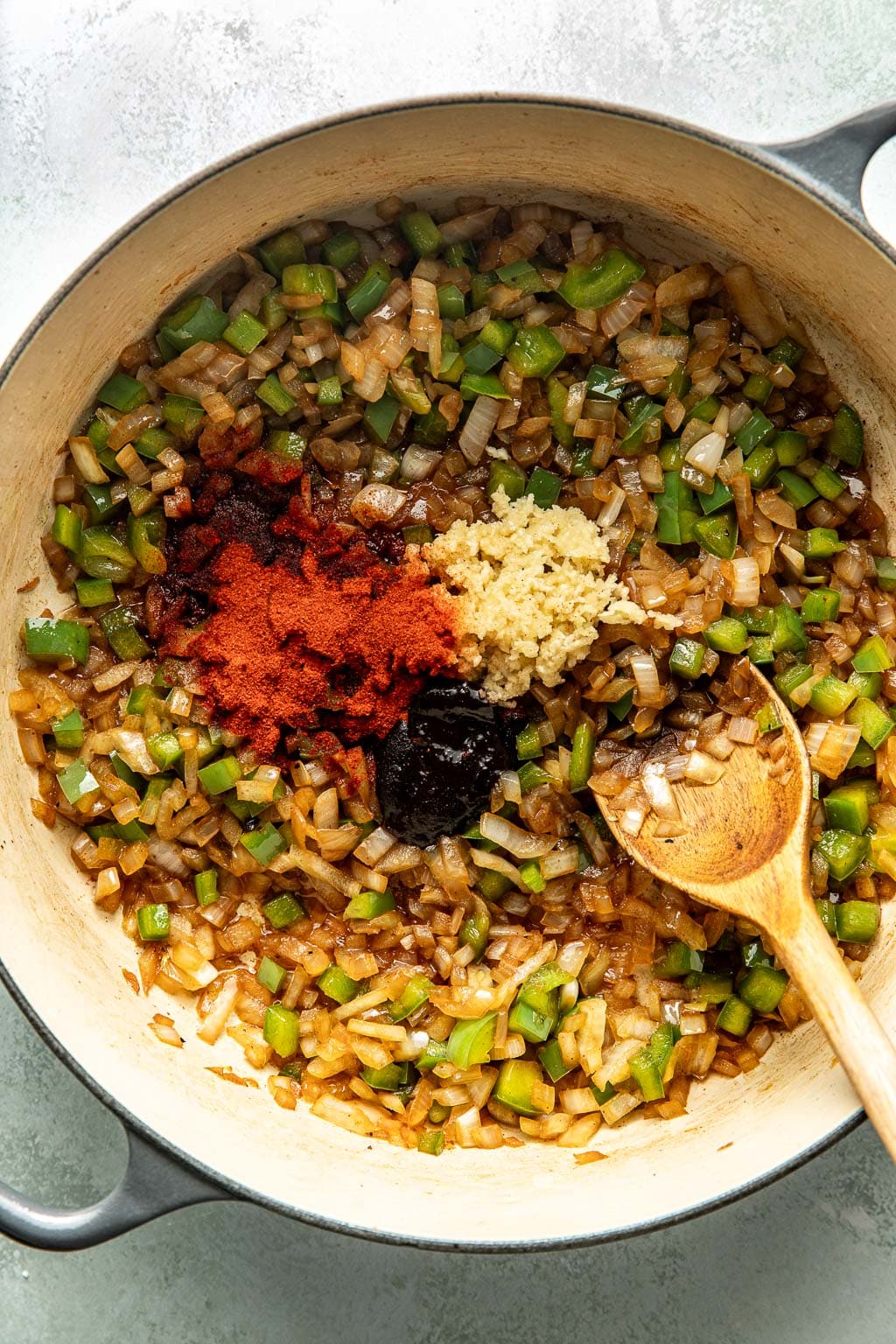 peppers, onions, and spices after sautéing in a dutch oven