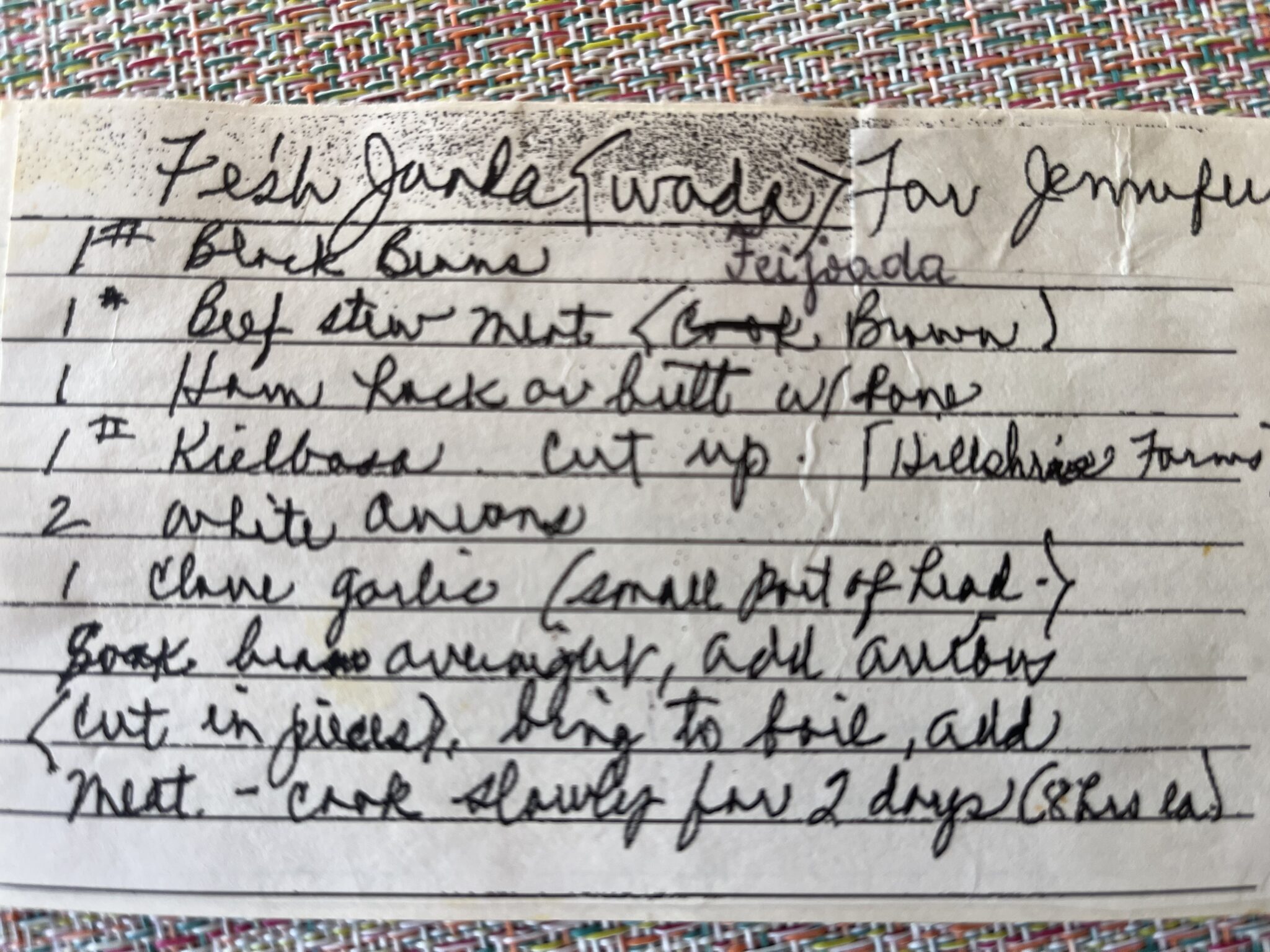 grandpa's feijoada recipe written on an index card