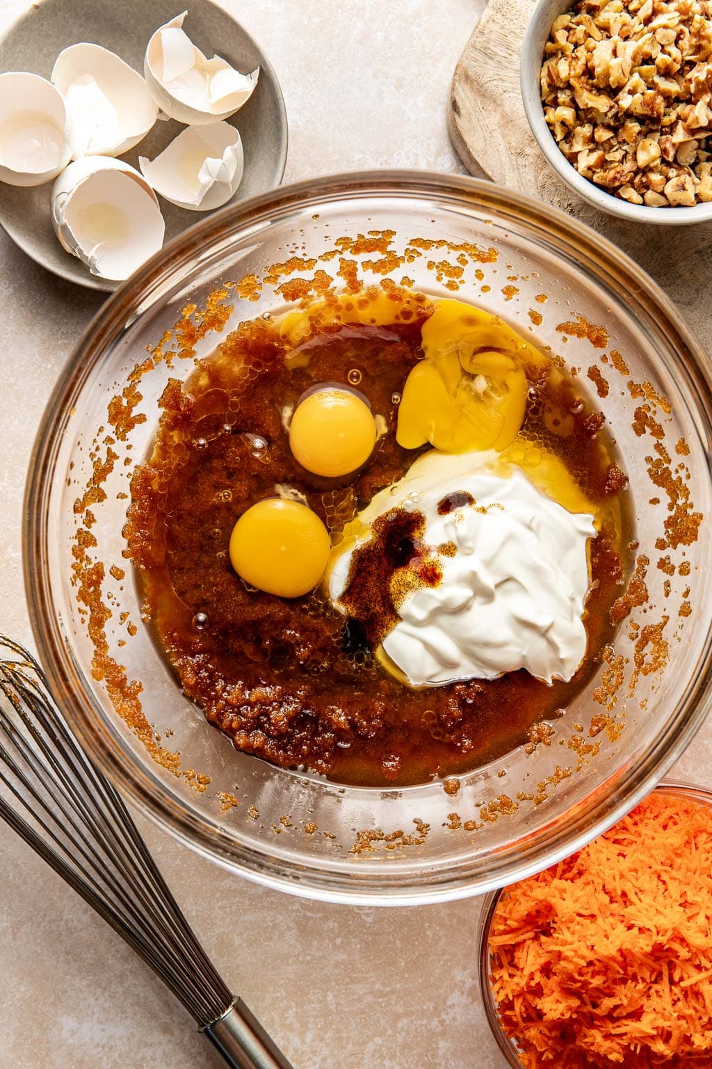 wet ingredients in a mixing bowl. 