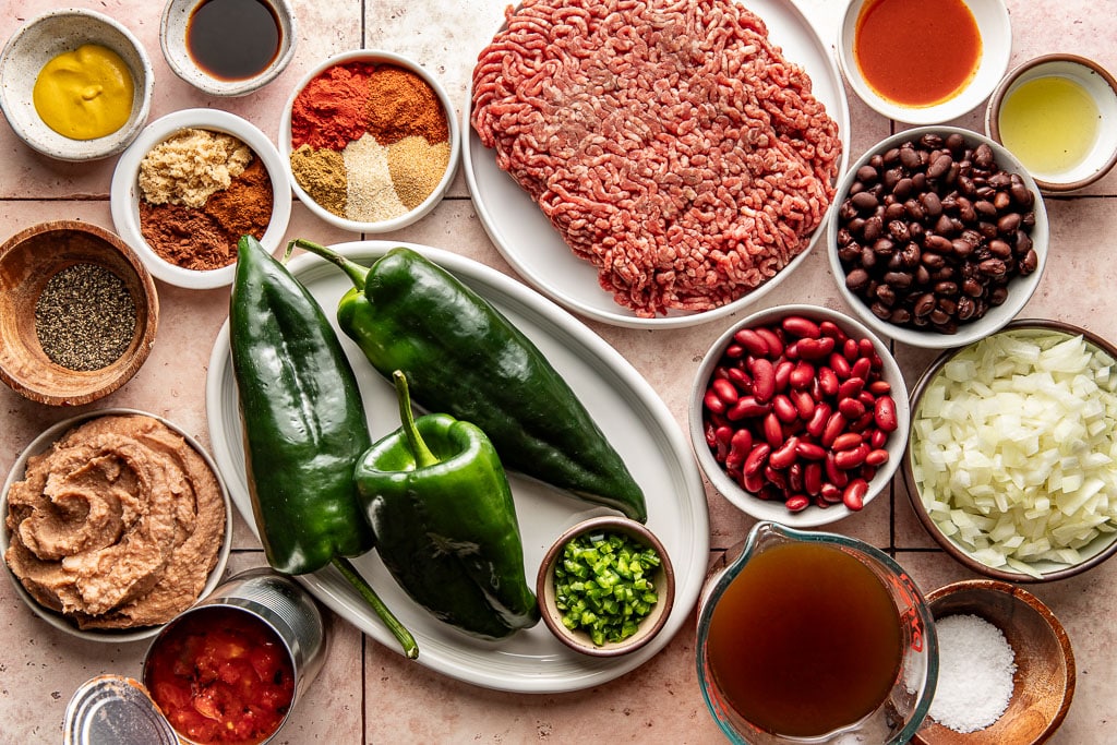 ground beef chili ingredients laid out