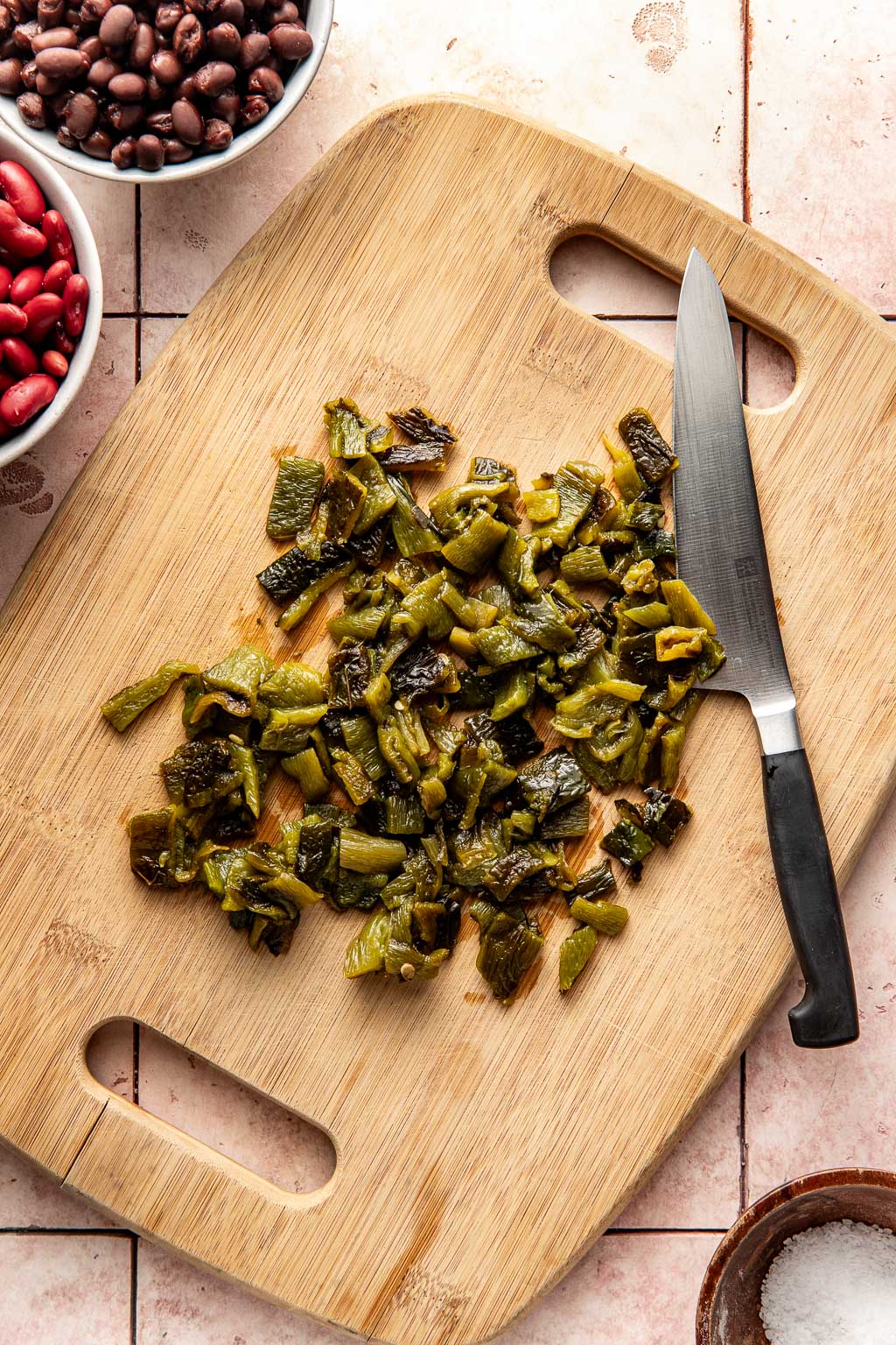 chopped poblano peppers on a cutting board