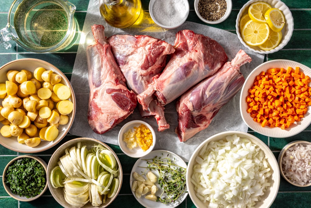 white wine braised lamb shanks ingredients laid out